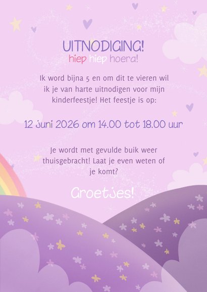 Vrolijke uitnodiging kinderfeestje eenhoorn en regenboog 3