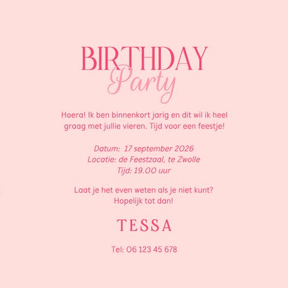 Vrolijke uitnodiging party roze ballonnen confetti en foto's 3