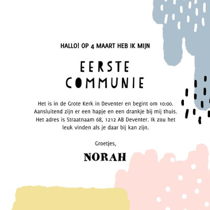 Vrolijke uitnodiging voor eerste communie met verfstreken 3