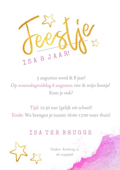 Vrolijke uitnodiging waterverf en goud kinderfeestje 3