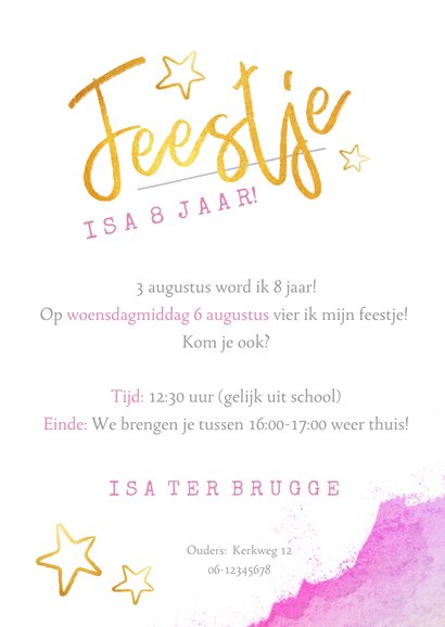 Vrolijke uitnodiging waterverf en goud kinderfeestje 3