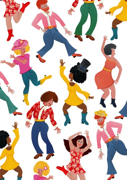 Vrolijke uitnodigingskaart met dansende mensen Achterkant