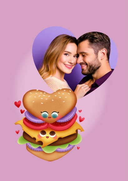 Vrolijke valentijnskaart met hamburger en hartjes 2