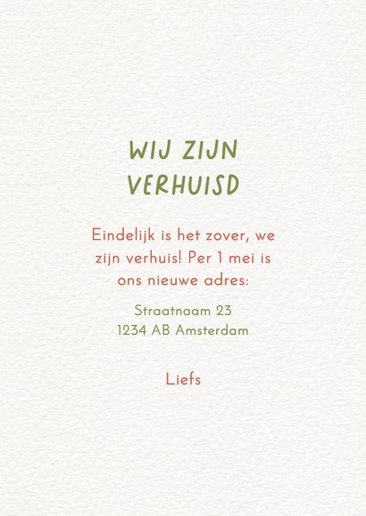 Vrolijke verhuiskaart met huis en kleurrijke bloem 3