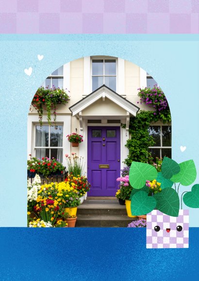 Vrolijke verhuiskaart met plantje hartjes huis nieuwe woning 2