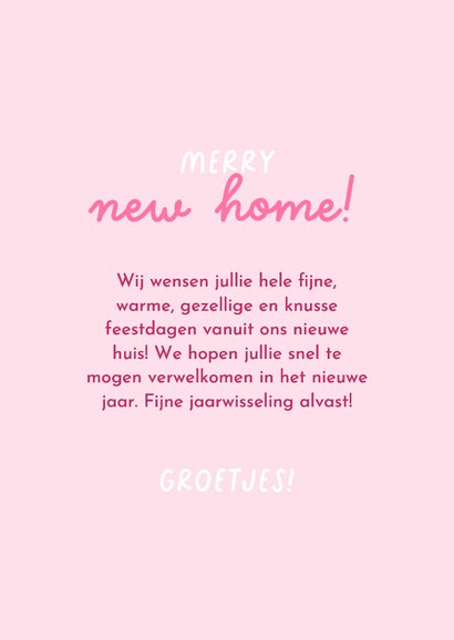 Vrolijke verhuiskerstkaart met gemberkoekhuisje en strik 3