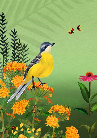 Vrolijke verjaardagkaart met vogel en vlinders 2