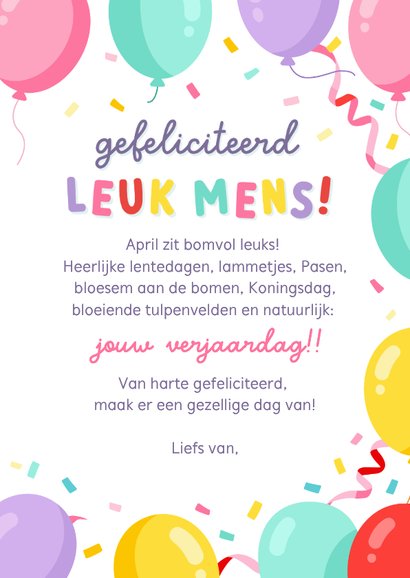 Vrolijke verjaardagskaart jarig in april met ballonnen 3