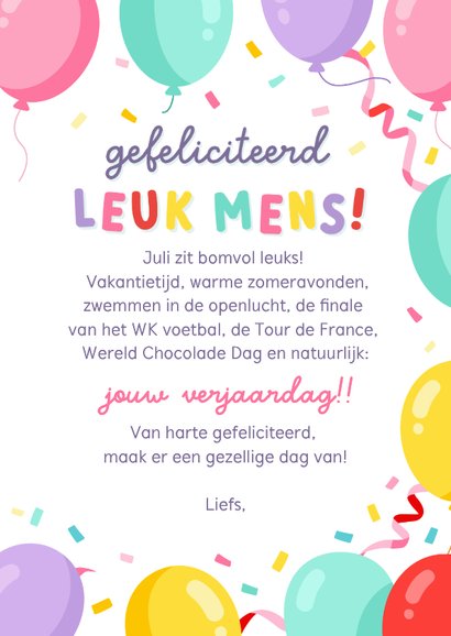 Vrolijke verjaardagskaart jarig in juli met ballonnen 3