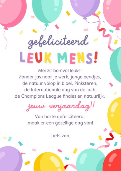 Vrolijke verjaardagskaart jarig in mei met ballonnen 3
