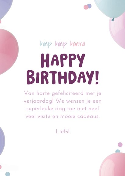 Vrolijke verjaardagskaart met ballonnen pastel paars foto 3