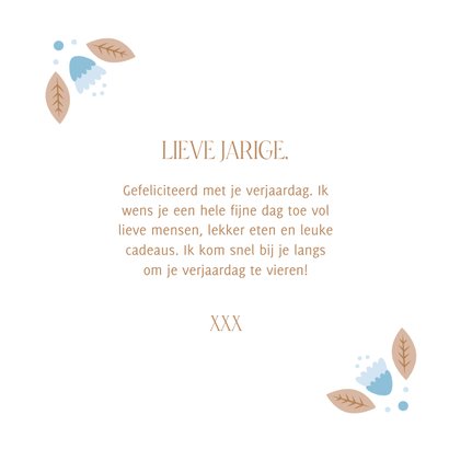 Vrolijke verjaardagskaart met bloemenkader beige en blauw 3
