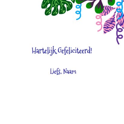 Vrolijke verjaardagskaart met dame, kat, planten en slingers 3