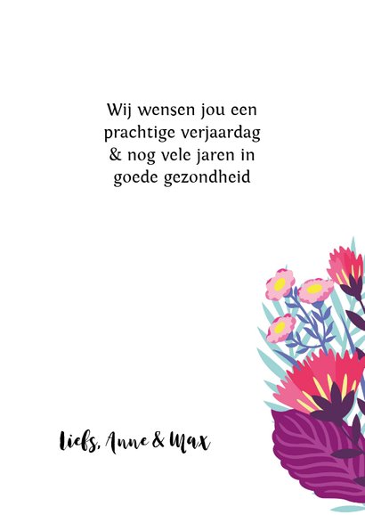 Vrolijke verjaardagskaart met flamingo, taart en bloemen 3