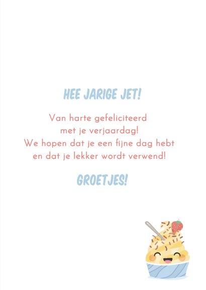 Vrolijke verjaardagskaart met illustratie van een bakje ijs 3