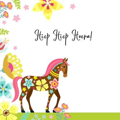 Vrolijke verjaardagskaart met paard en bloemen 2