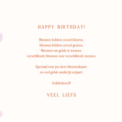 Vrolijke verjaardagskaart met roze bloemen en oranje tekst 3