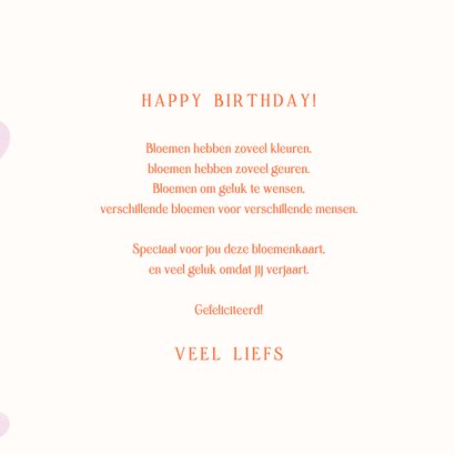 Vrolijke verjaardagskaart met roze bloemen en oranje tekst 3