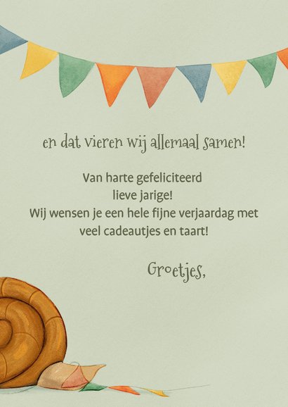 Vrolijke verjaardagskaart met slak en slingers voor jongen  3