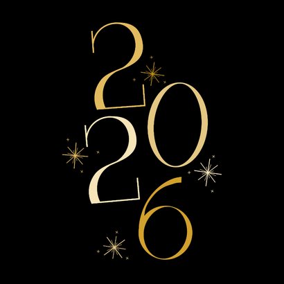 Vrolijke zwarte nieuwjaarskaart met gouden 2026 en sterren 2