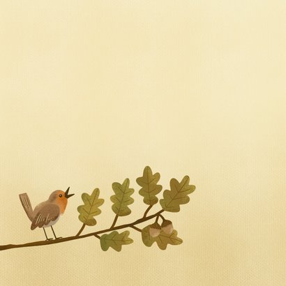 Warme herfstige zomaar-kaart met blad, eikels en roodborstje 2
