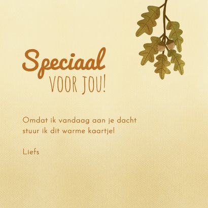 Warme herfstige zomaar-kaart met blad, eikels en roodborstje 3