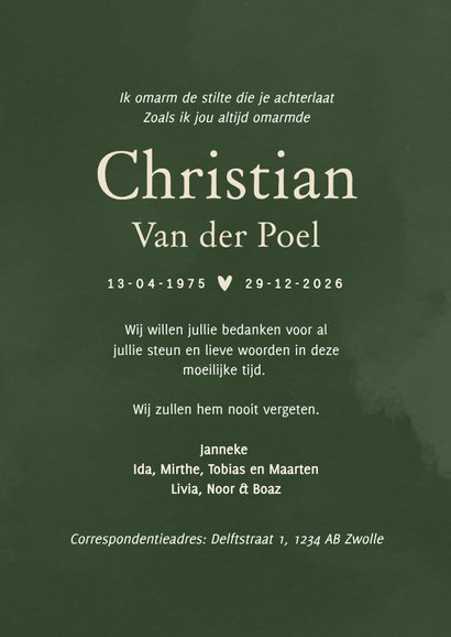 Waterverf bedankkaart voor rouw donkergroen met hartje 3