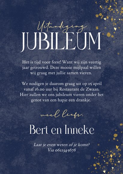 Waterverf blauwe 40 jubileum uitnodiging met gouden zwanen 3