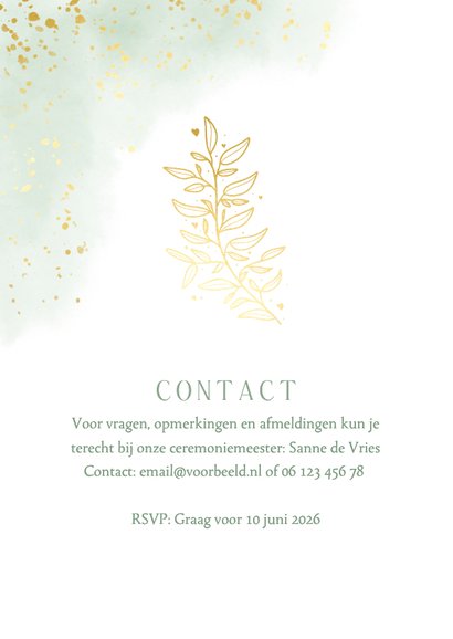 Waterverf trouwkaart groen met goudfolie takje 2