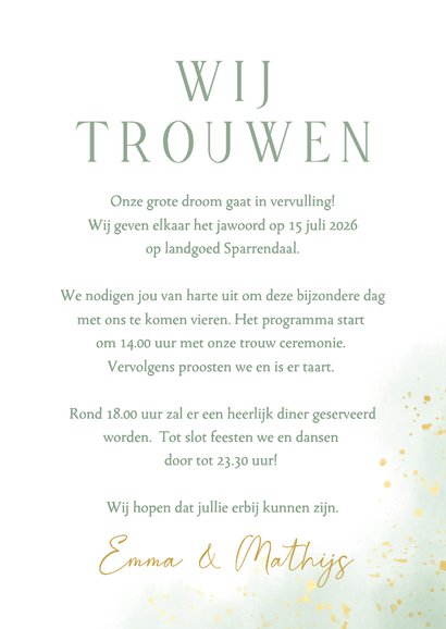 Waterverf trouwkaart groen met goudfolie takje 3