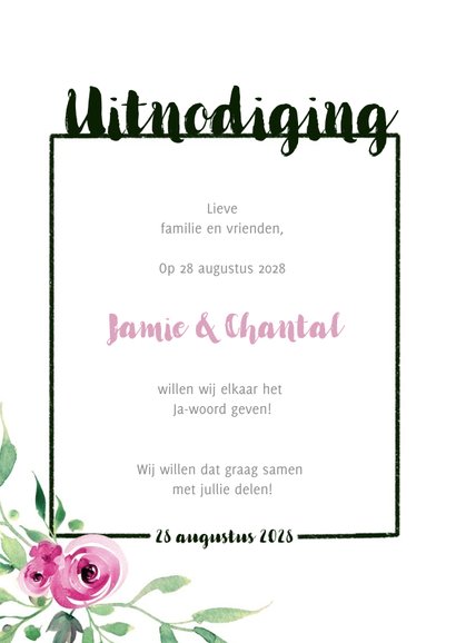 We say yes! Trouwkaart Stijlvol wit met bloemen 2