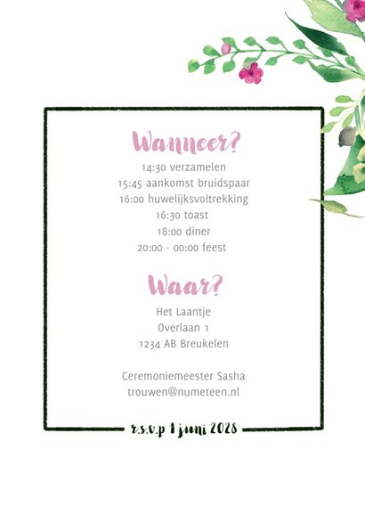 We say yes! Trouwkaart Stijlvol wit met bloemen 3