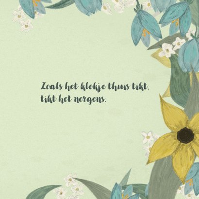 Welkom Thuis kaart bloemen met blauwe, witte en gele bloemen 3