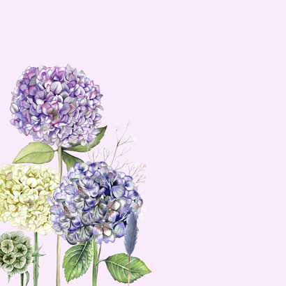 Wenskaart blauwe en witte hortensia's 2