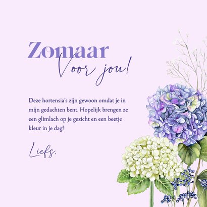 Wenskaart blauwe en witte hortensia's 3