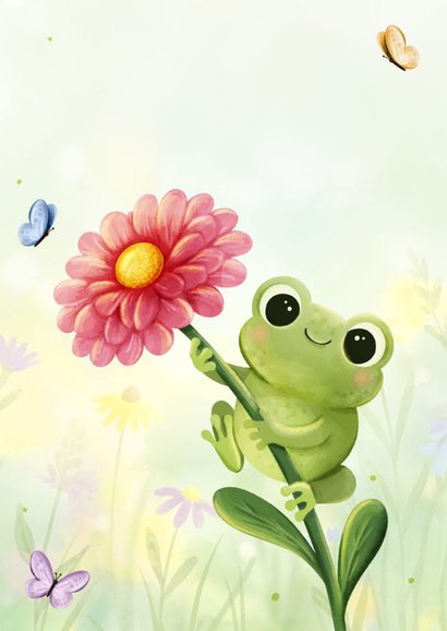 Wenskaart bloemetje met kikker en vlindertjes 2
