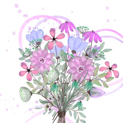 Wenskaart boeket bloemen paars-roze 2