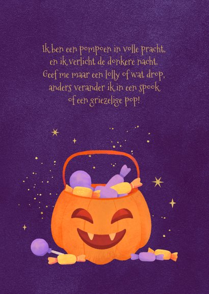 Wenskaart halloween snoep pompoen foto paars 2