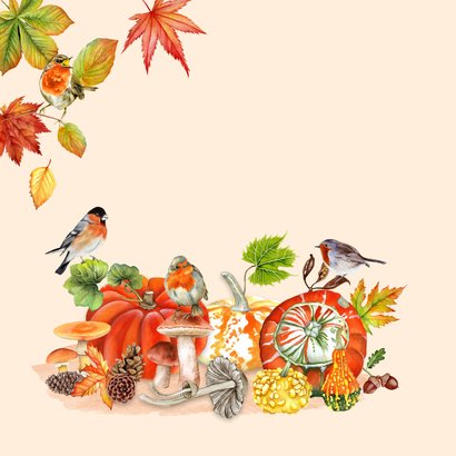 Wenskaart herfst met kalebassen pompoen en vogeltjes 2
