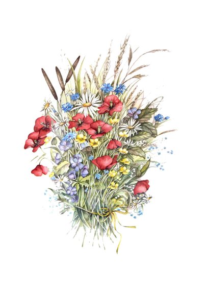Wenskaart klaprozen boeket in aquarel 2