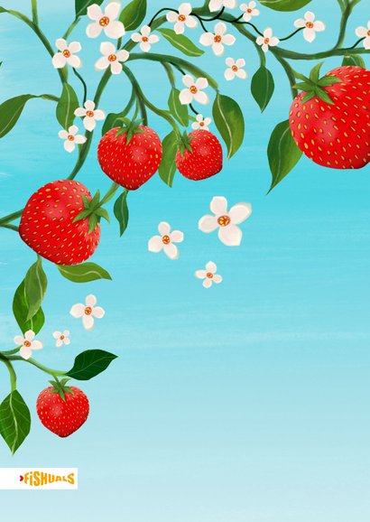 Wenskaart met aardbeien en witte bloemetjes 2