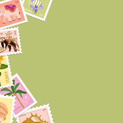 Wenskaart met postzegels veel plezier op reis  2
