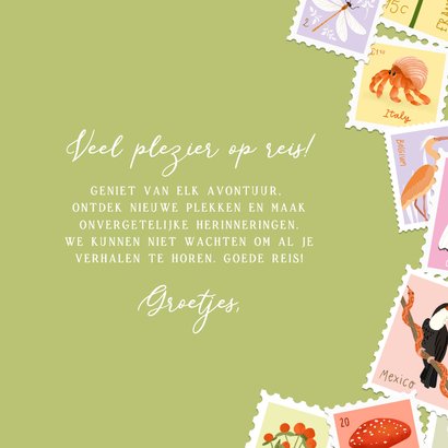 Wenskaart met postzegels veel plezier op reis  3