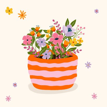 Wenskaart met pot met vrolijke bloemen 2