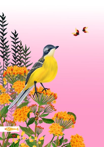 Wenskaart met vogel, vlinders en lieveheersbeestjes 2