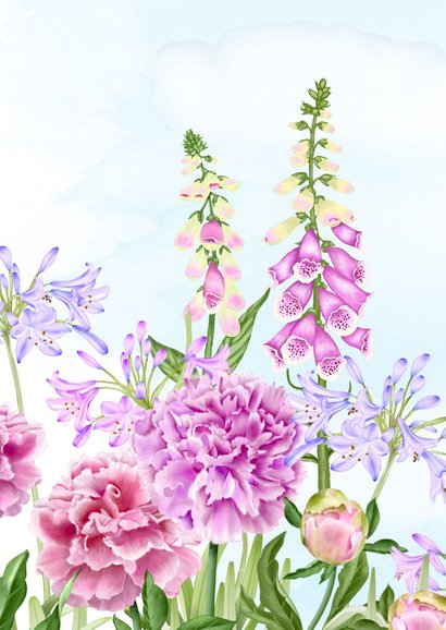 Wenskaart met zomerbloemen lila en roze 2