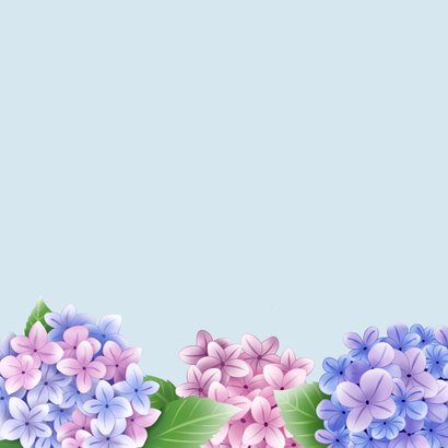 Wenskaart roze en blauwe hortensia's 2