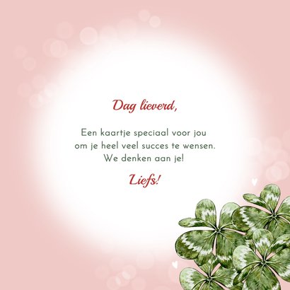 Wenskaart succes met vogeltje en klavertjes vier voor geluk 3