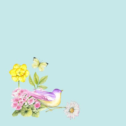 Wenskaart voorjaarsbloemen vogeltje 2