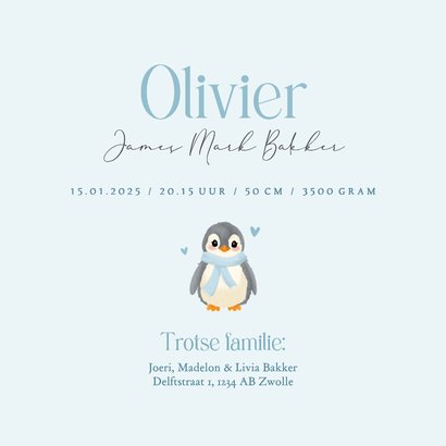 Winter geboortekaartje pinguïn een broertje lichtblauw 3
